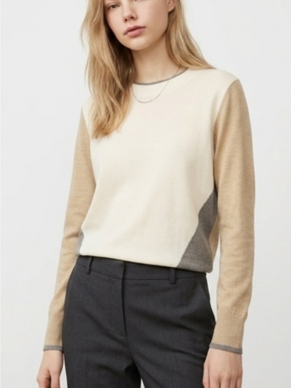 LOFT Ribbed Crewneck Sweater in Cream with Taupe Trim